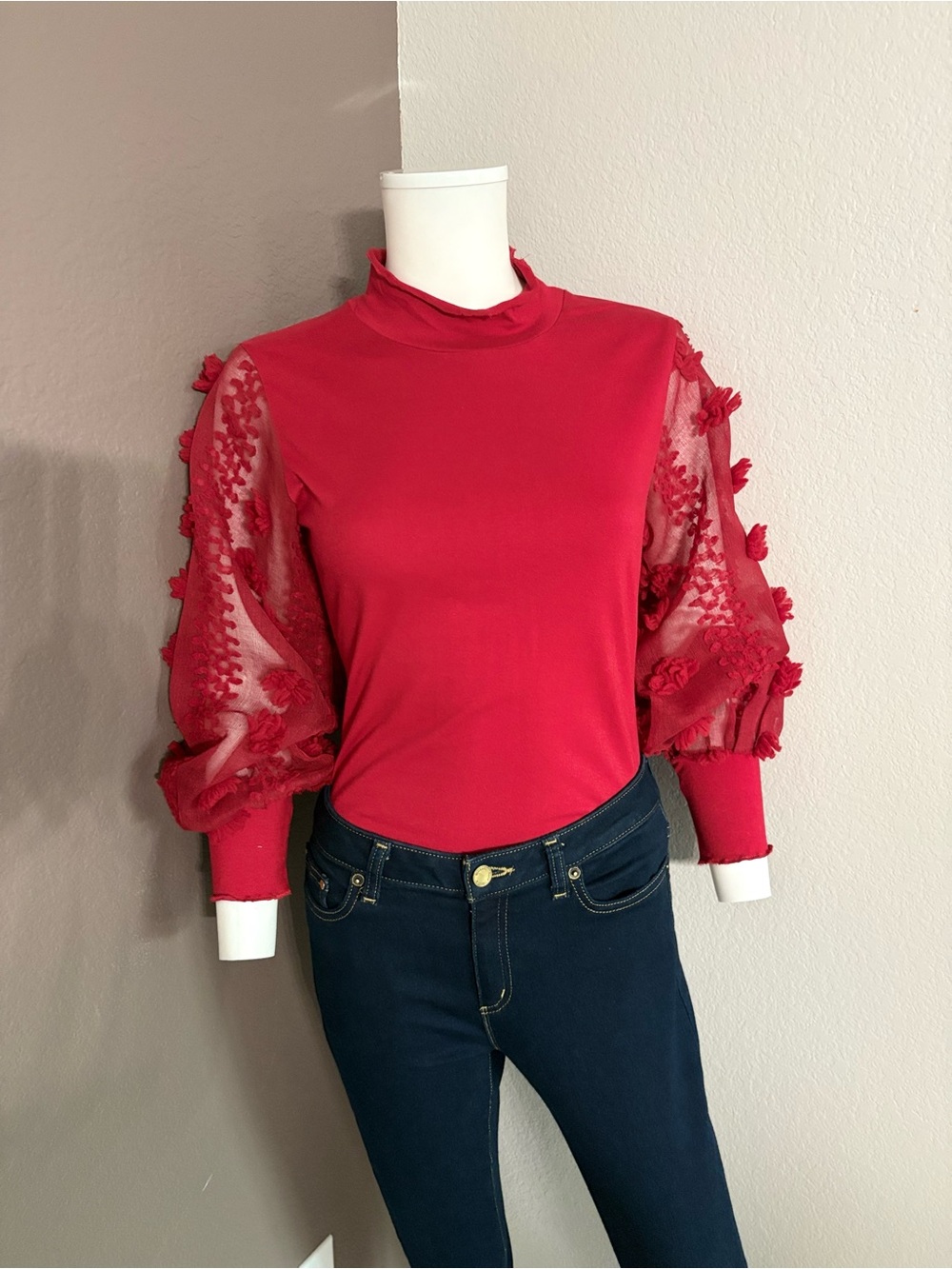 Pink Lily Red Mock Neck Sheer Puff Sleeve Bodysuit